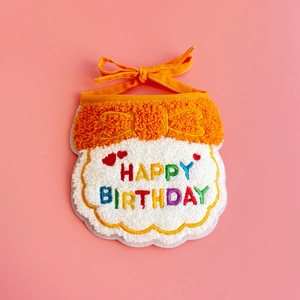 Detail of embroidered Happy Birthday lettering on a white and orange pet bandana