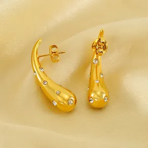 Elegant 18K gold-plated stainless steel teardrop earrings with sparkling crystal accents