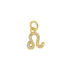 18k gold Leo zodiac pendant featuring zircon micro-pave crystals on white background