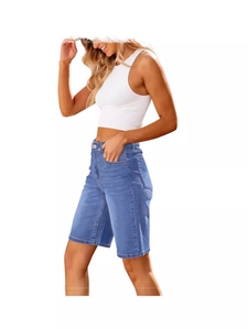 Women's blue washed denim capri pants with elastic waist and side pockets for summer wear