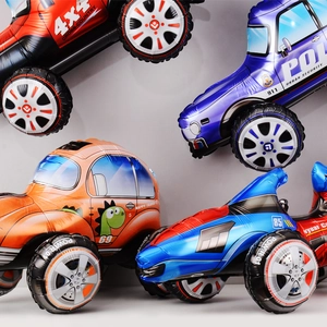 Detail of 3D foil balloon car set including off-road, police, and racing vehicle styles