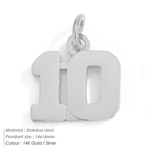 Detail showing stainless steel number 10 pendant with size specs and material info
