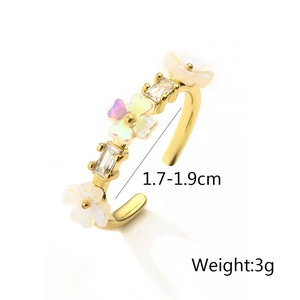 Detail view of 18K gold plated flower ring with zircons showing size 1.7-1.9cm and 3g weight
