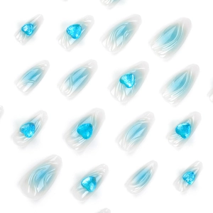 Blue 3D heart almond press-on nails with cat eye gradient and shimmering water ripple effect