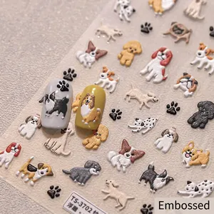 3D embossed cartoon dog nail stickers TS-3702 featuring cute puppies and paw prints