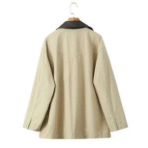 Beige mid-length patchwork windbreaker jacket with contrast brown leather collar back view