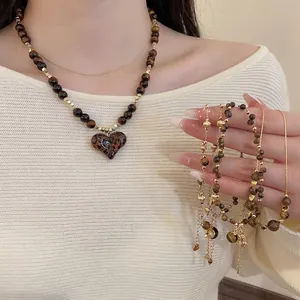 18K gold plated tiger eye necklace with leopard print heart pendant and bead bracelets