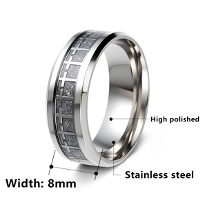 8mm men's stainless steel ring with polished edges and grey geometric frosted inlay