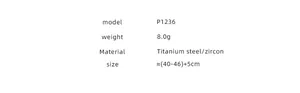 Detail of double-layer titanium necklace showing size specifications and zircon pendant