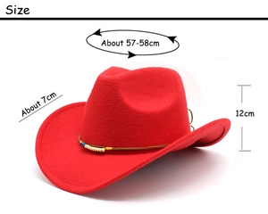 Detail of red wool western cowboy hat with beaded band showing dimensions 57-58cm