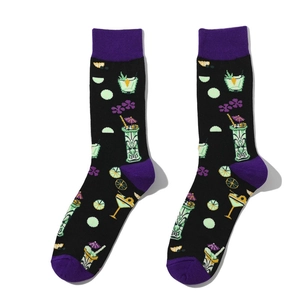 Detail of cotton crew socks with tropical cocktail patterns and purple contrast trim