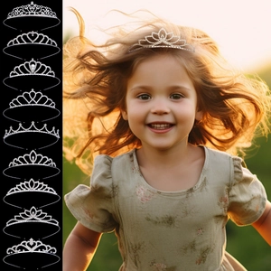 Detailed views of nine silver rhinestone crown headbands for girls in various heart designs