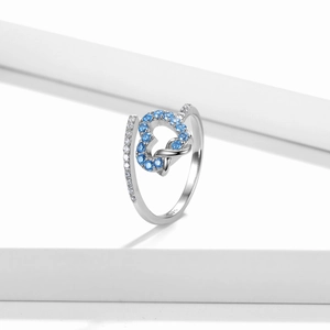Adjustable S925 sterling silver ring featuring a blue heart gemstone and sparkling zircons