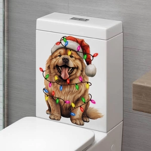 Detailed view of festive Christmas dog wall decal with fairy lights on white toilet tank