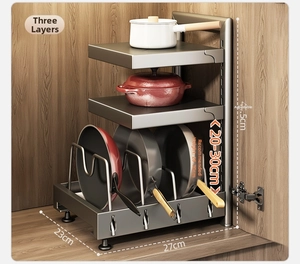 Detail of 3-tier adjustable grey metal kitchen rack for pots and pans storage
