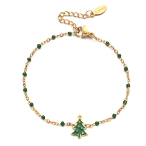 Detail of a gold stainless steel beaded bracelet with a green enamel Christmas tree charm