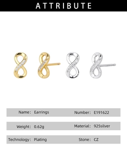 Detailed view of S925 sterling silver infinity stud earrings with cubic zirconia stones