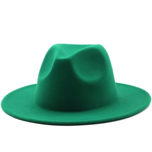 Classic green wool felt jazz fedora hat with wide brim and teardrop crown for men and women