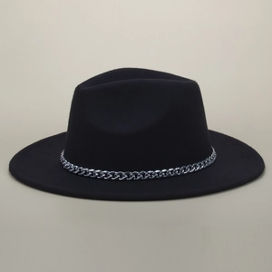 Detailed view of black wool fedora with a decorative silver metal chain band