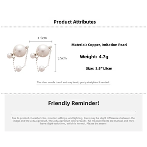 Detailed size chart showing dimensions and weight of double pearl dangle earrings