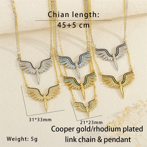 Detail of wing pendant necklaces showing sizes, gold plating, and zircon micro-inlay