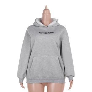 Detailed view of gray hoodie featuring black THATS SO FUNNY print and large kangaroo pocket