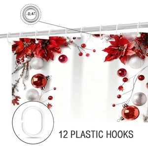 Detail of Christmas shower curtain featuring 12 plastic hooks and metal rings with 0.4 inch inner diameter