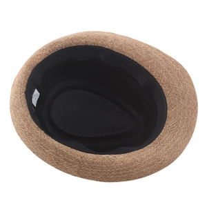 Detail shot of the interior sweatband and size label of the linen straw jazz hat