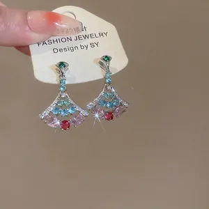 S925 silver fan-shaped ginkgo leaf earrings with colorful zircon stones in silver finish
