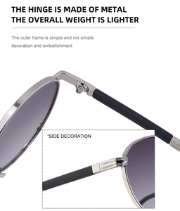 Detailed macro view of metal hinges and side decoration on round frame sunglasses