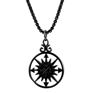 Nordic minimalist viking compass cross necklace pendant in matte black stainless steel