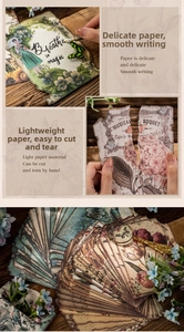 Detail of vintage flower collage paper showing hand-torn edges and retro script on wood