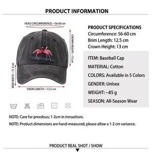 Size guide for embroidered flamingo baseball cap in washed denim with 56-60cm circumference
