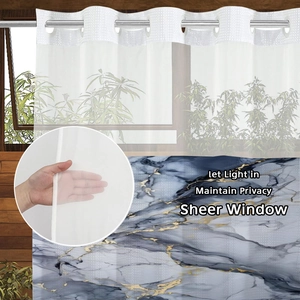 Detail showing translucent marble texture and silver metal grommets on a sheer shower curtain