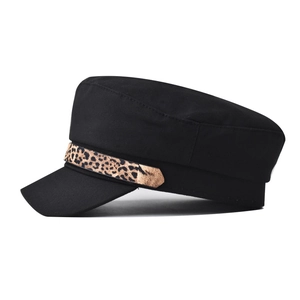 Leopard print chain black cotton flat top navy cap for women with retro british style