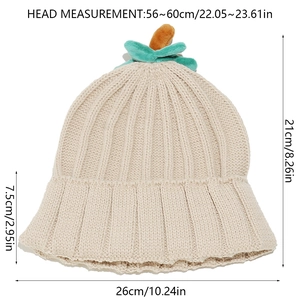 Size chart for beige pumpkin knit hat with dimensions for head circumference and height