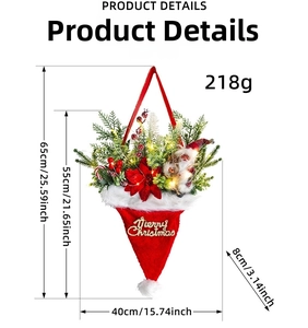 Luminous Christmas hat wreath with pine needles, berries, and LED lights, size 65x40x8cm