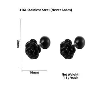 Detailed view of 316L stainless steel black rose earrings with dimensions and weight