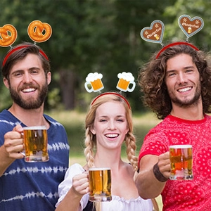 Three Oktoberfest headbands featuring pretzels, beer mugs, and gingerbread hearts decor
