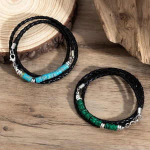 Braided leather surfer bracelets with turquoise and malachite beads on wood background