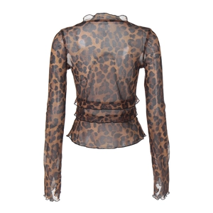 Detail view of sheer leopard print mesh top showing back texture and ruffle hem