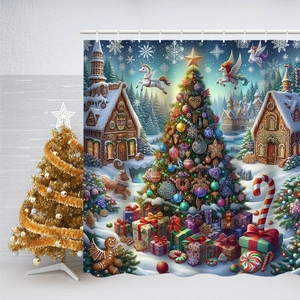 Detailed Christmas shower curtain with holiday tree and gingerbread patterns