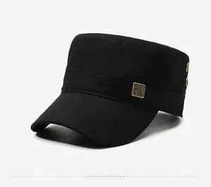 Detail of black cotton cadet cap featuring military style metal buckle and decorative tag