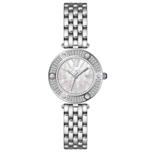 Elegant silver women's watch with mother-of-pearl dial and Roman numerals on white background