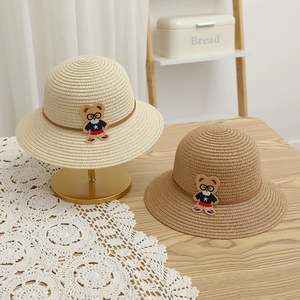 Kids Straw Sun Hat Paper Woven Breathable Wide Brim Cartoon Bear Patch With Glasses Cute Summer Beach Hat For Toddlers