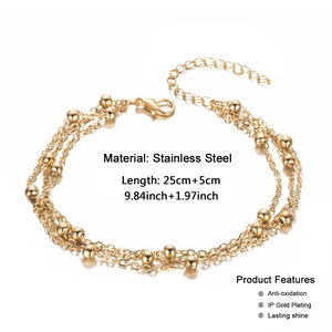 Multilayer 18K gold-plated stainless steel bead chain anklet with extension for women