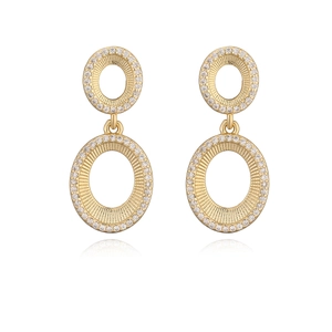 Elegant gold plated double hoop earrings with sparkling zircon heart accents on white background