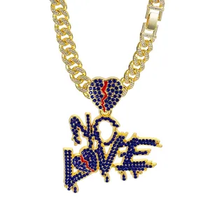 No Love Letter Pendant Necklace Zinc Alloy With Blue Rhinestones Hip Hop Cuban Chain Jewelry For Men