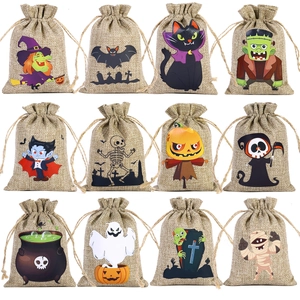 Halloween burlap drawstring gift bags with 12 cartoon patterns like pumpkin and ghost