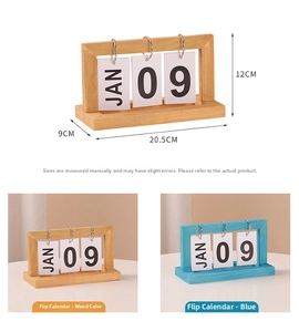 Detailed view of perpetual wooden flip calendar with dimensions 20.5cm by 12cm